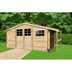 Abri de jardin bois Aramis - avec abri bûches - 3880 x 500 x 2980 m - sapin du Nord - porte sécrurisée