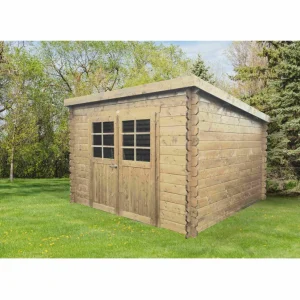 Abri de jardin Brest - bois imprégné - 2,98 x 2,98 m - sapin du Nord certifié - double-porte avec fenêtres