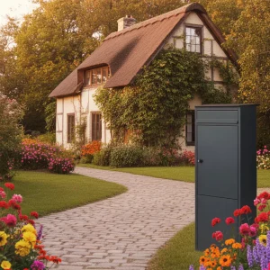 Boîte aux lettres colonne FRANKURT – acier noir –  grande ouverture A4  –  fixation au sol  –  serrure à clé