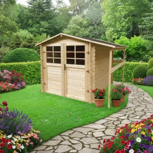 Abri de jardin Céline - avec abri-bûches - 1,98 x 1,98 + 0,5 m - sapin du Nord certifié - porte avec fenêtres