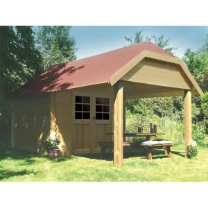 Abri de jardin Cork- avec terrasse - 2,98 x 2,98 + 2,65 m - sapin du Nord certifié - toiture cottage - double-porte avec fenêtres - bois imprégné