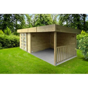 Abri de jardin Arhus- avec terrasse couverte - 3,3 x 3,17 x 2,45 m - sapin du Nord certifié - portes coulissantes doubles - bois imprégné