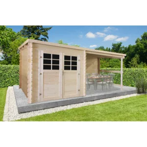 Abri de jardin Eden -  2,380+3,02 x 2,38 m - avec pergola - toiture plate pente légère - double-porte avec fenêtres