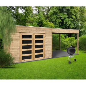 Abri de jardin Salerno - avec extension - traité - 2,988+ 2,92 x 1,98 m- sapin du Nord certifié- toiture plate - double-porte avec fenêtres