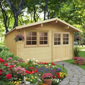 Abri de jardin Niort- traité - 4,18 x 2,98 m - sapin du Nord certifié - double-porte avec fenêtres - bois imprégné