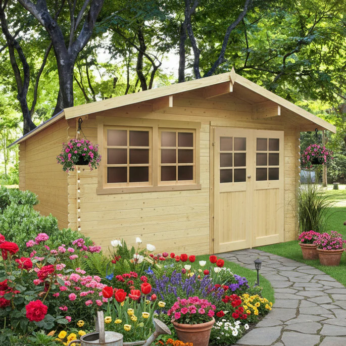 Abri de jardin Niort- traité - 4,18 x 2,98 m - sapin du Nord certifié - double-porte avec fenêtres - bois imprégné – Image 2