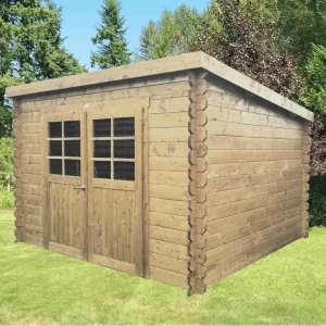 Abri de jardin Riom - 2,98 x 2,38 m - sapin du Nord certifié - toiture plate - double-porte avec fenêtres. -bois imprégné