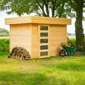 Abri de jardin Oslo - 3,01 x 2,01 m - sapin du Nord certifié - toiture plate - porte coulissante avec fenêtre