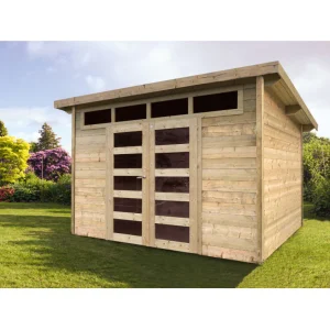 Abri de jardin Venezia - 3,3 x 2,7 m - sapin du Nord certifié - toiture appentis - double-porte avec fenêtres - bois imprégné