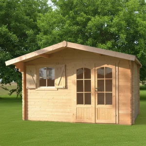 Abri de jardin Morzine - 3,88 x 3,28 x 2,42 m - sapin du Nord certifié - double-porte avec fenêtres - bois imprégné