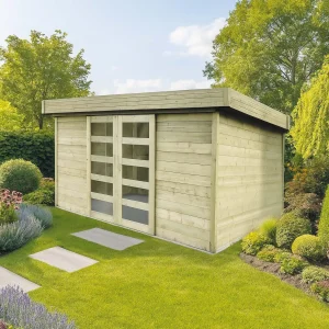 Abri de jardin Malmö - 3,9 x 3,09 m - sapin du Nord certifié- toiture plate - double-porte avec fenêtres - bois imprégné