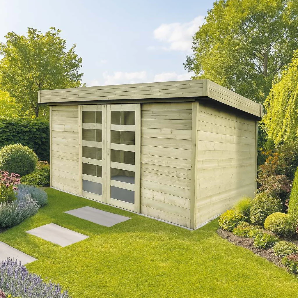 Abri de jardin Malmö - 3,9 x 3,09 m - sapin du Nord certifié- toiture plate - double-porte avec fenêtres - bois imprégné – Image 2