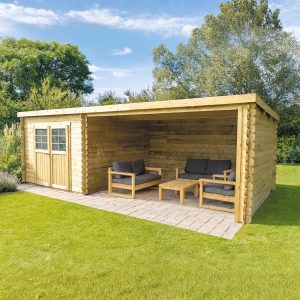 Abri de jardin Rohan - avec terrasse - 2,98 x 2,98 + 3,61 m - sapin du Nord certifié - toiture plate -double-porte avec fenêtres - bois imprégné