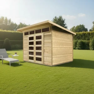Abri de jardin Verona - 3 x 2,4 m - sapin du Nord certifié - toiture plate - double-porte avec fenêtres - bois imprégné
