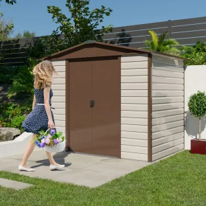 Abri de jardin en métal - 2,43 x 1,97 x 2,15 m - beige et marron – double-portes coulissantes