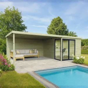 Abri de jardin Sagres Visio - avec espace ouvert - 3,04 x 3,04 + 3,95 m - sapin du Nord certifié - toiture plate - baie vitrée coulissante - bois imprégné