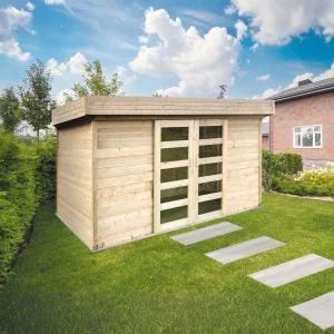 Abri de jardin Stockholm - 3,61 x 2,42 m - sapin du Nord certifié - toiture plate - double-porte avec fenêtres - bois imprégné