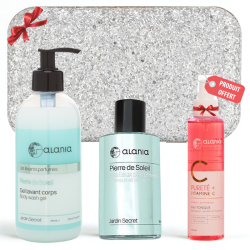 ALANIA COFFRET PIERRE DE SOLEIL GEL LAVANT CORPS 350ML+EAU PARFUMEE 100 ML+EAU TONIQUE 150ML (OFFERT)+TROUSSE (OFFERT)