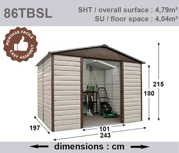 Abri de jardin en métal - 2,43 x 1,97 x 2,15 m - beige et marron – double-portes coulissantes – Image 5